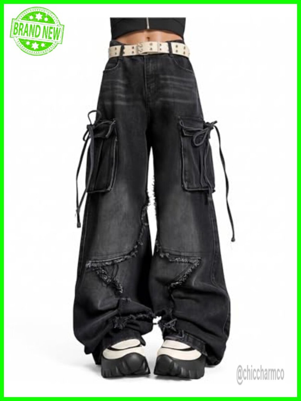 Women's Baggy Star Cargo Jeans High Rise Wide Leg Denim Pants